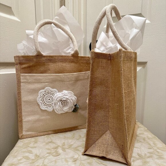 BUNDLE (2) Burlap Bags With A Satin Rose, Barn Wedding Flower Girl Wedding (NEW) - Picture 8 of 13